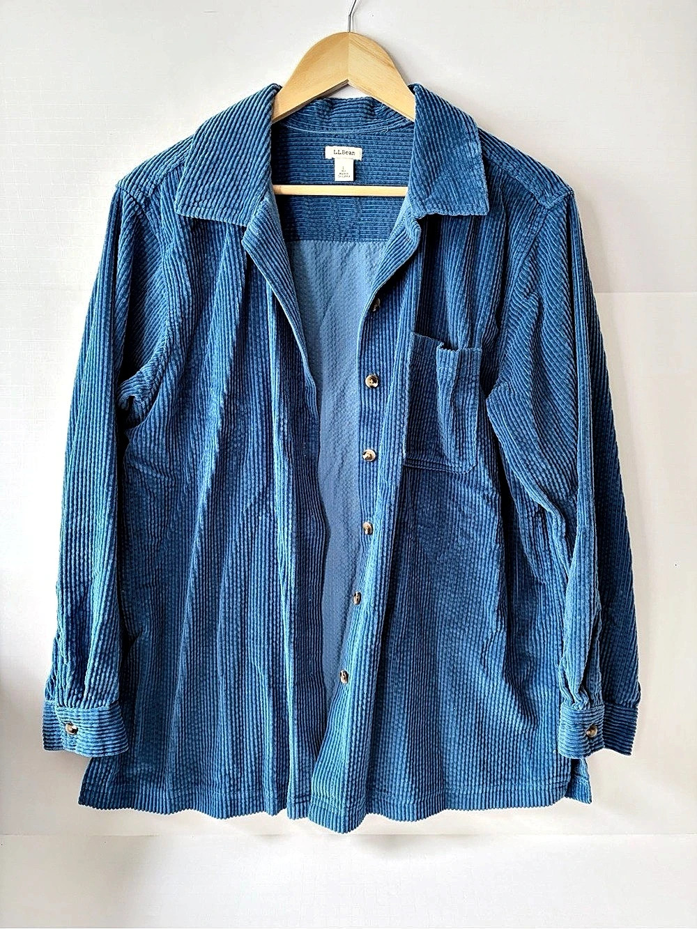 LL Bean Blue Corduroy Button Down Shirt Long Sleeve Vintage 90s Cotton Sz Large